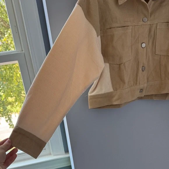 Le Lis Women's Tan and Cream Color Block Jean Jacket - Picture 3 of 7